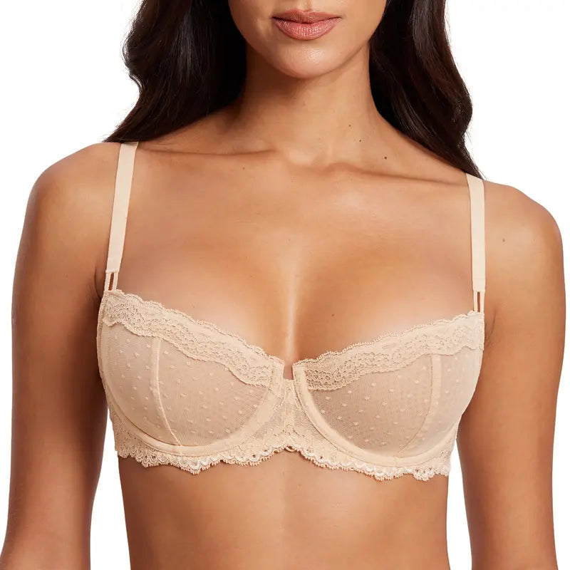 SkyNiiq Lace Bra - Underwire Balconette Unlined Demi Sheer